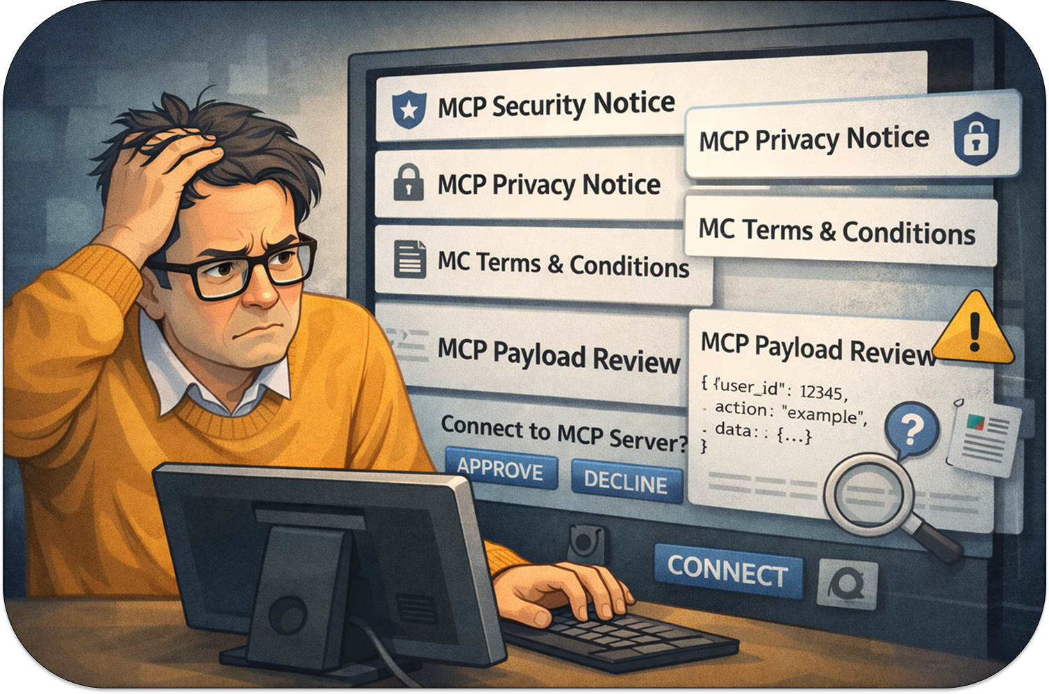 Man struggling through a barrage of disclaimers, popups, terms, etc.