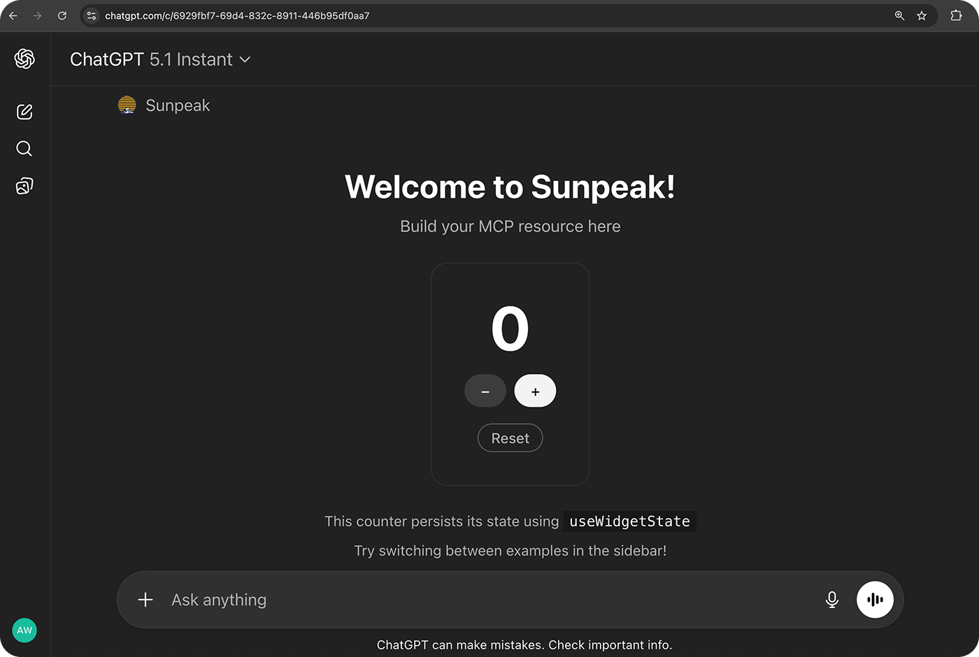 A simple counter app built and deployed with sunpeak.