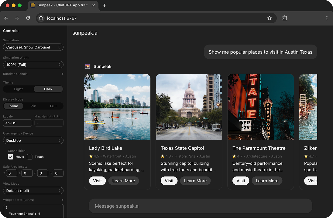 The sunpeak ChatGPT simulator with testing capabilities.